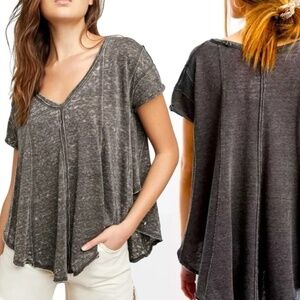 Free People - We The Free - Sammie Tee Gray V-Neck Boho Distressed Grunge Sz XS